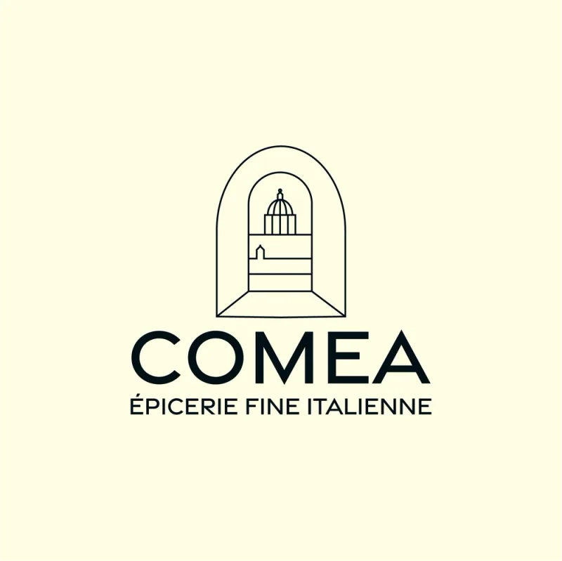 Logo COMEA : une arche qui abrite le dôme de Saint-Pierre, au-dessus du nom en capitales
