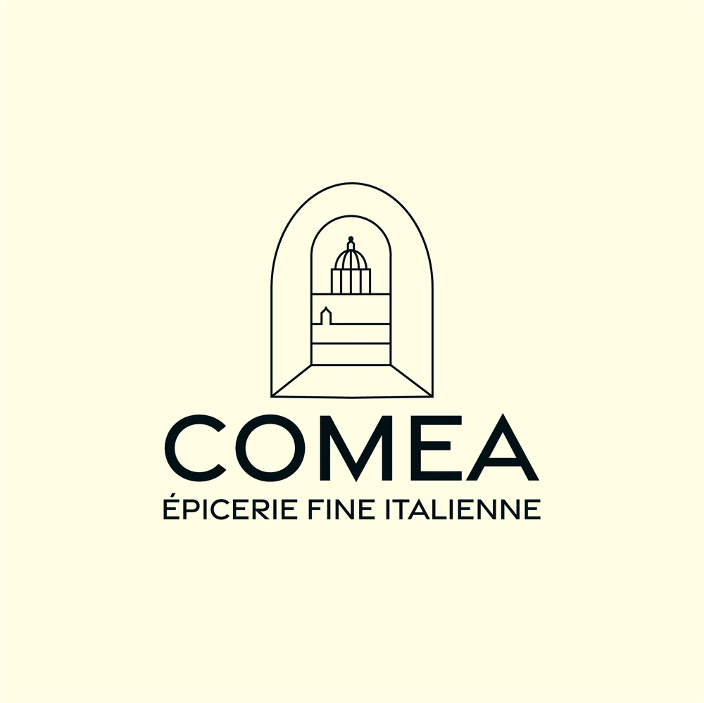 Logo de COMEA, épicerie fine italienne, représentant une arche inspirée du trou de serrure de l'Ordre de Malte