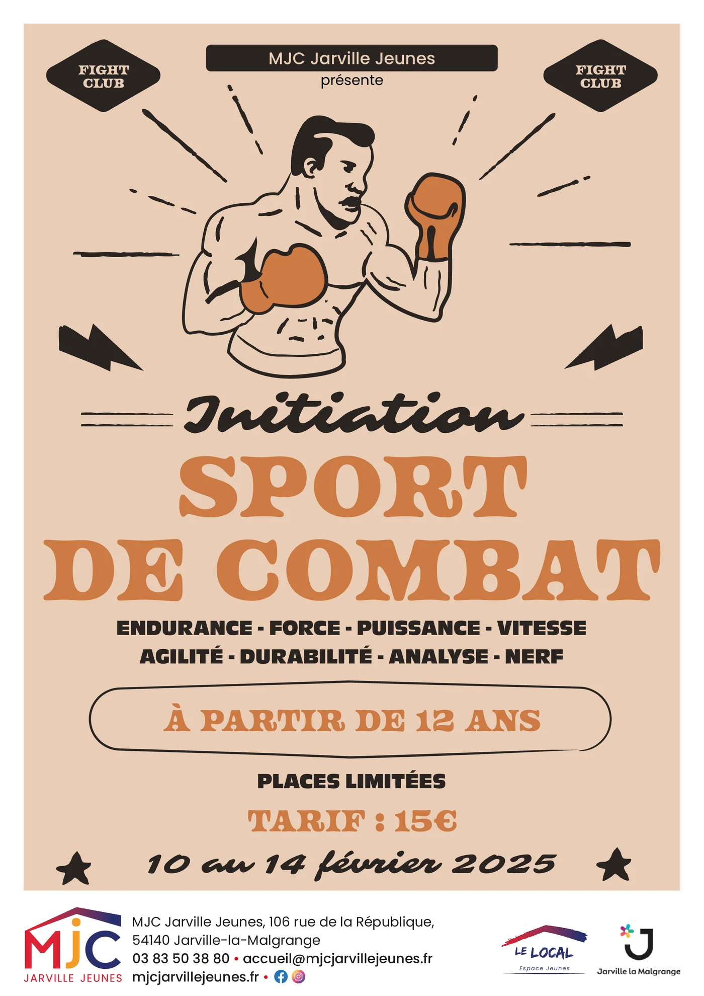 Affiche Initiation Sport de Combat de la MJC Jarville Jeunes, illustration rétro d'un boxeur sur fond crème