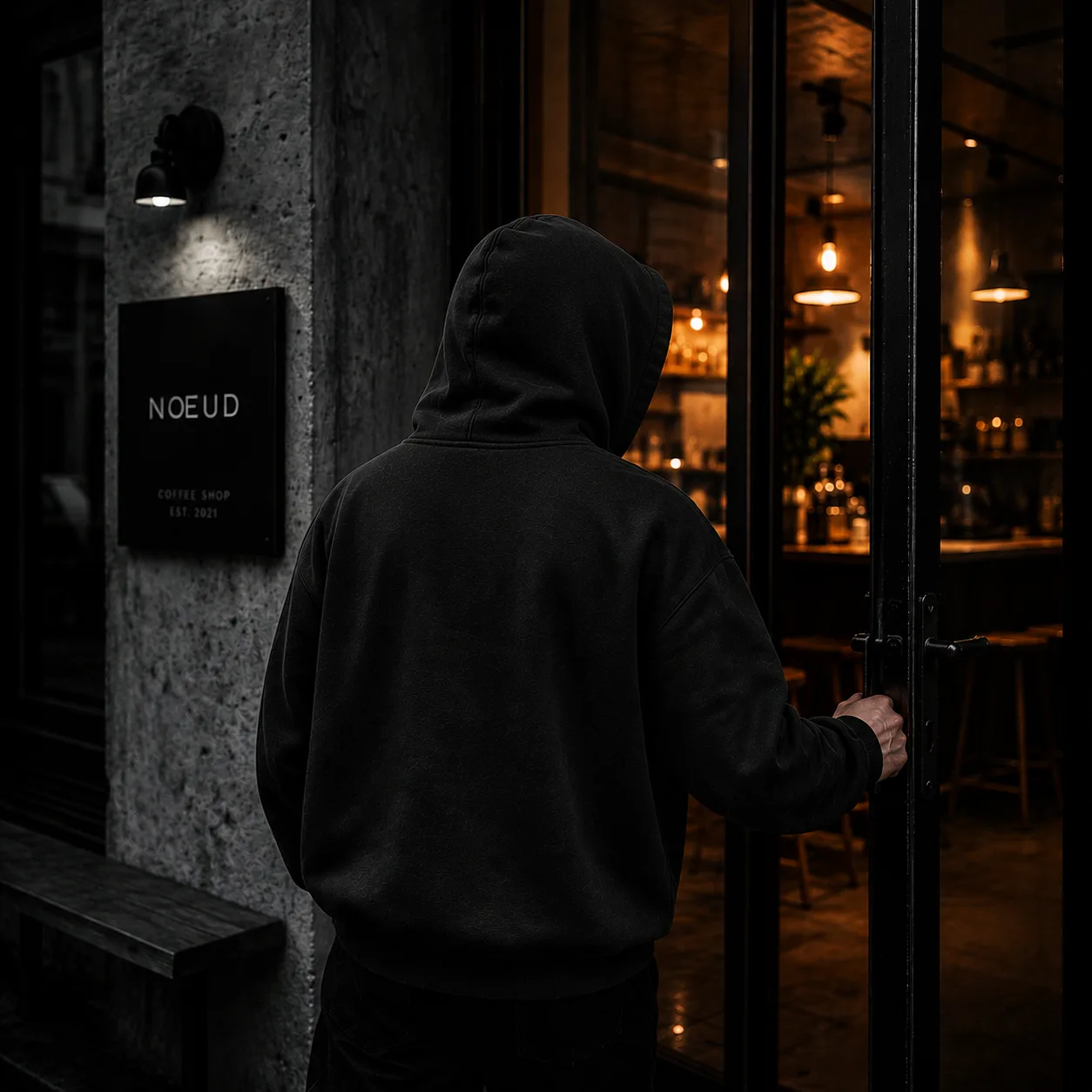 Homme en hoodie NŒUD de dos, entrant dans un café dont l'enseigne NŒUD est visible sur la façade