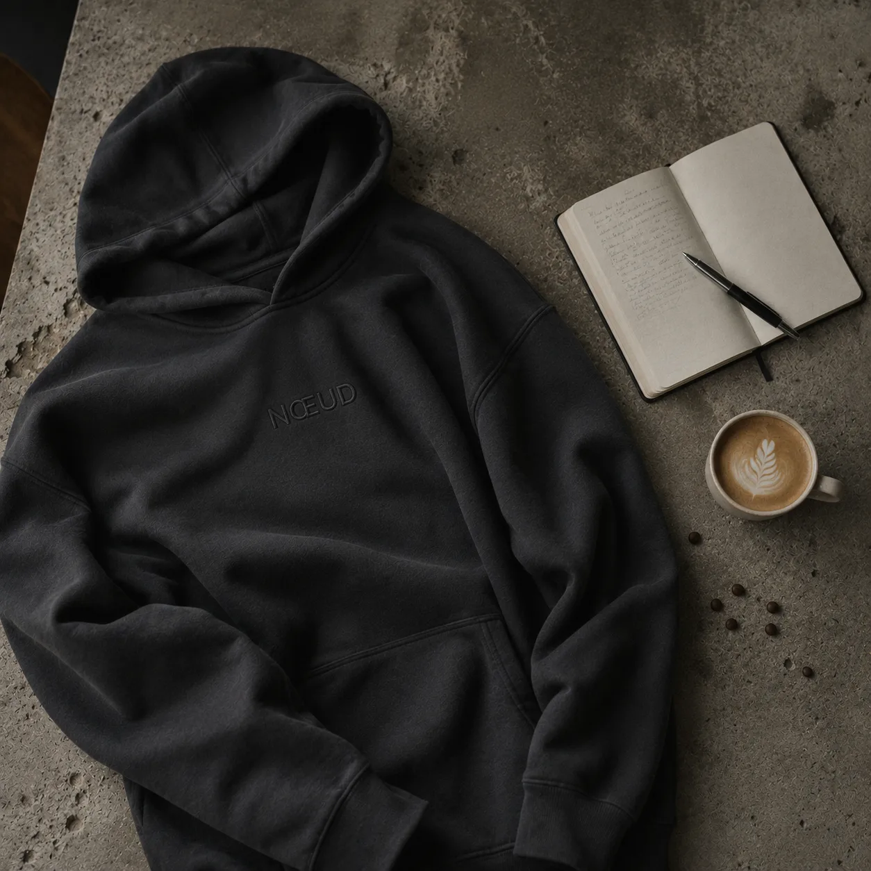 Hoodie NŒUD déplié sur béton avec un carnet ouvert et un café latte