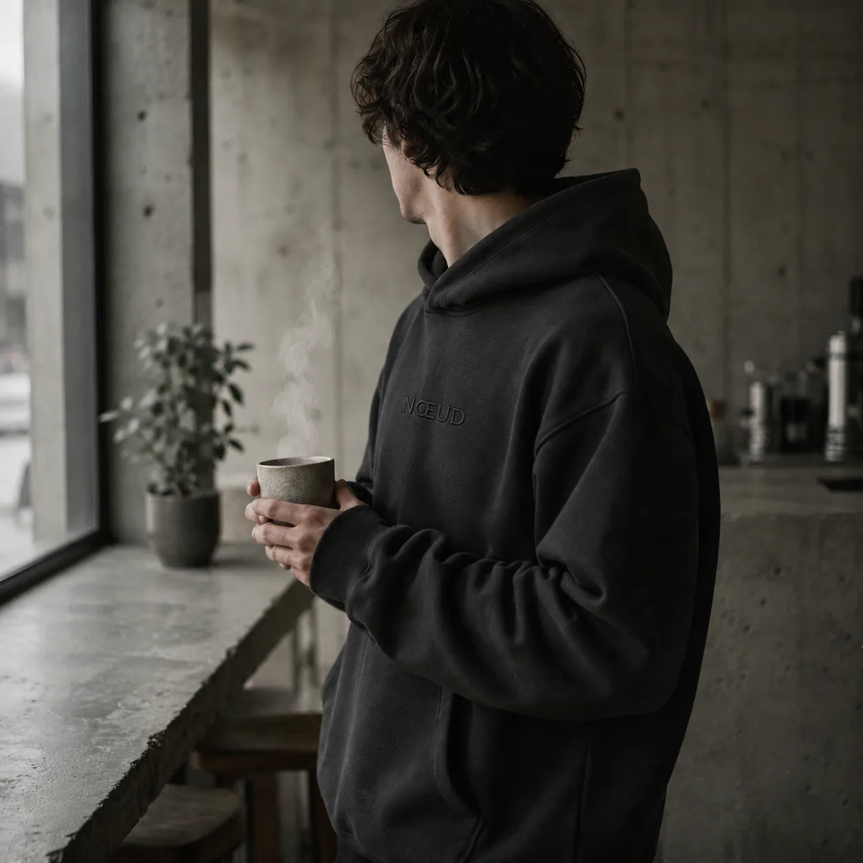 Homme portant le hoodie NŒUD, tenant une tasse de café fumant dans un espace en béton