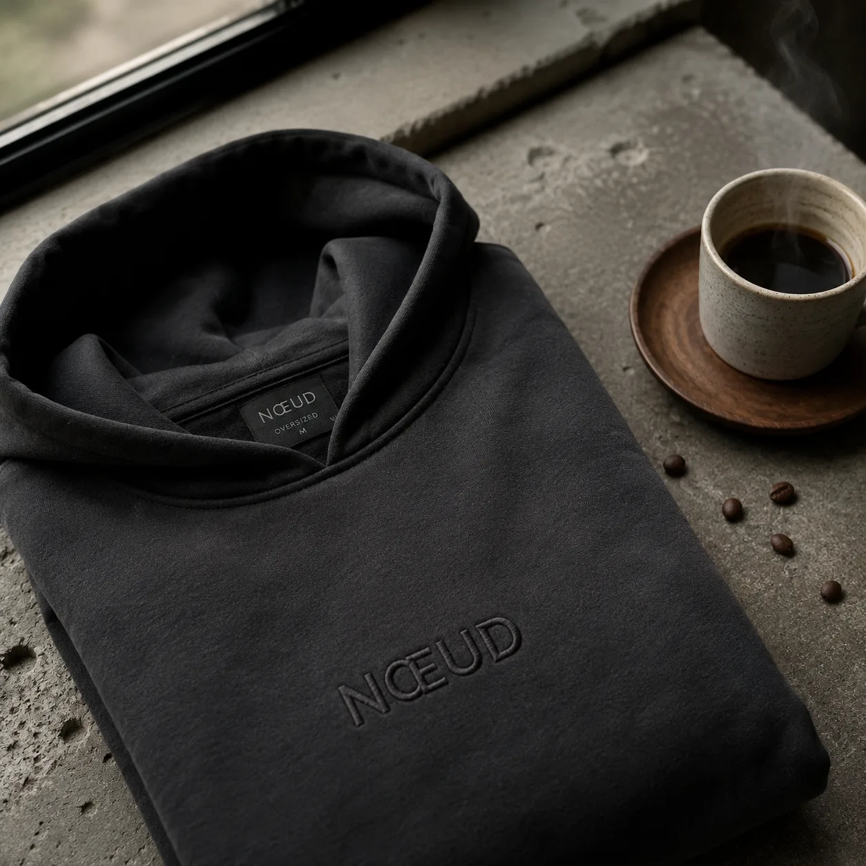 Hoodie NŒUD plié, broderie ton-sur-ton, posé près d'une tasse de café noir et de grains