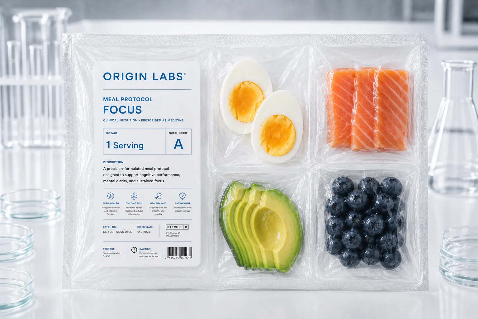 Meal Protocol FOCUS : plateau compartimenté avec œuf, saumon, avocat et myrtilles