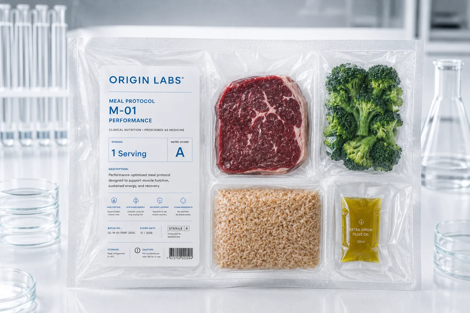 Meal Protocol M-01 Performance : plateau compartimenté avec bœuf, brocoli, riz et huile d'olive