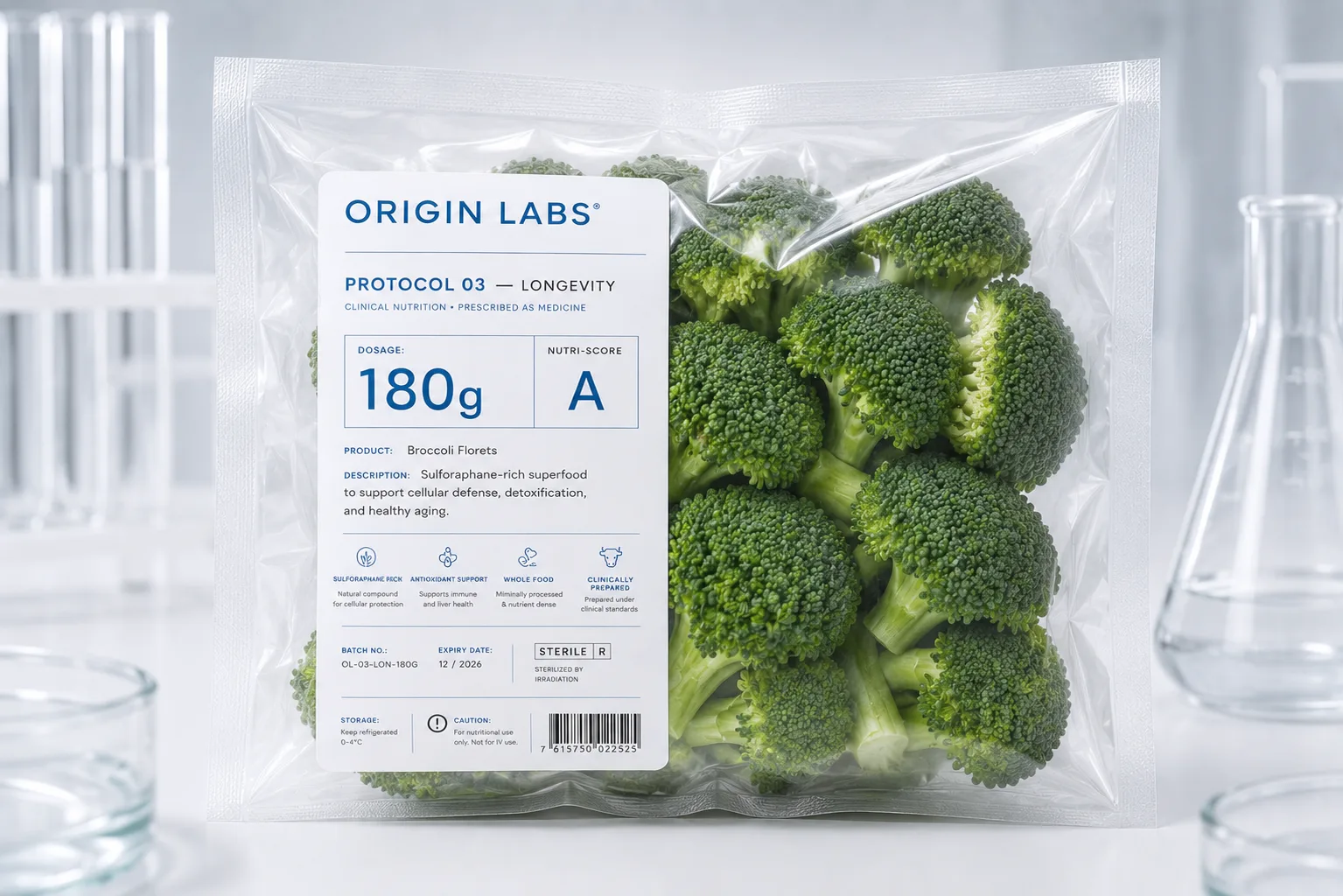 Pack ORIGIN LABS Protocol 03 Longevity : 180g de brocolis sous vide avec étiquette clinique
