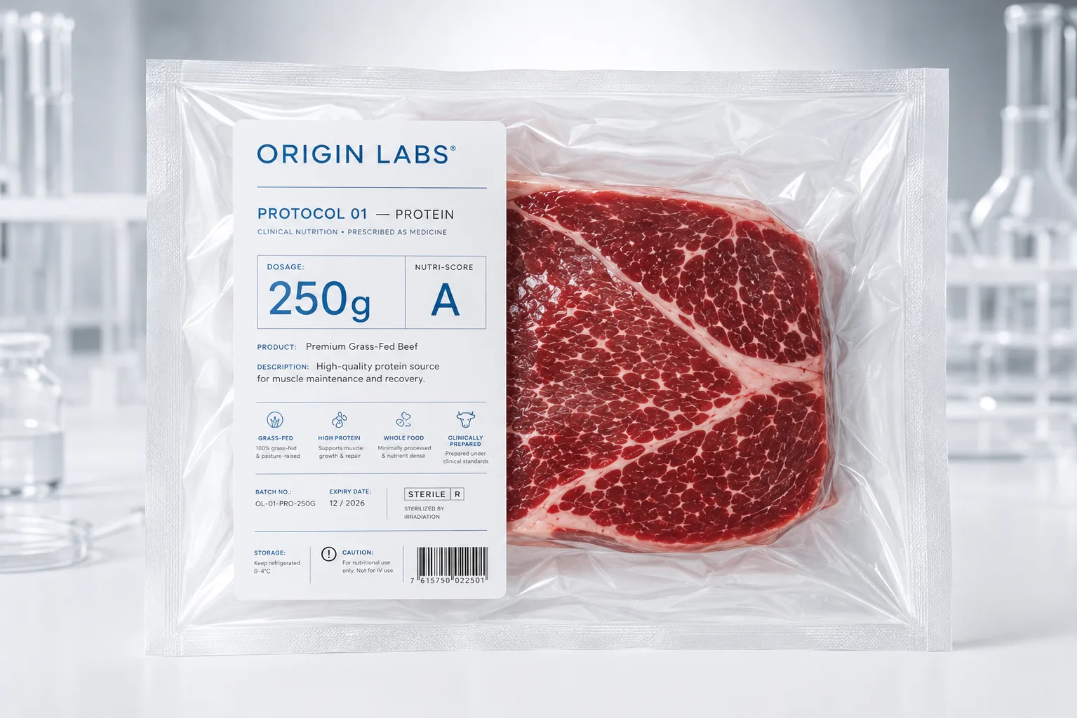 Pack ORIGIN LABS Protocol 01 Protein : 250g de bœuf grass-fed sous vide avec étiquette pharmaceutique