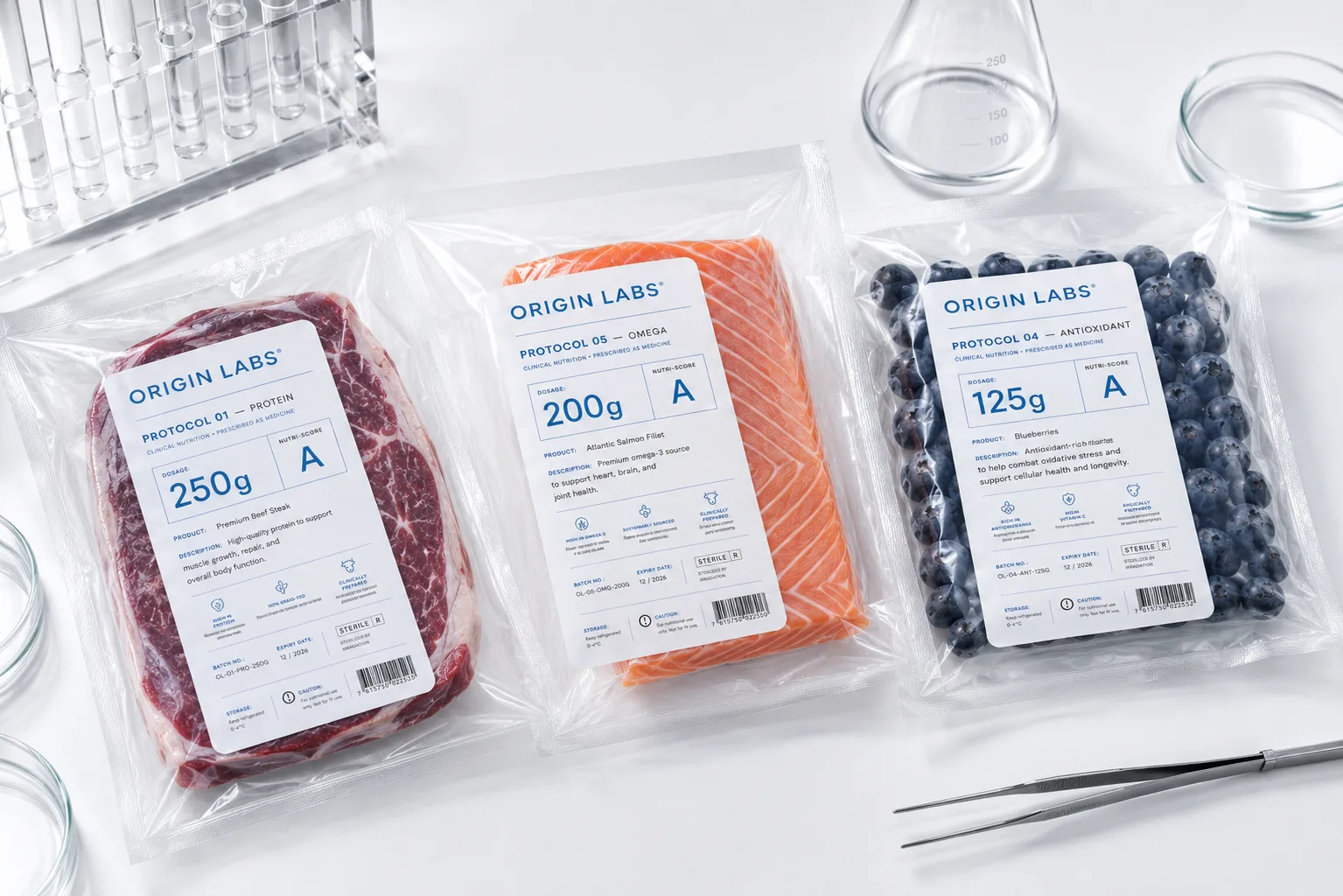 Vue d'ensemble de trois packs ORIGIN LABS sous vide côte à côte : bœuf, saumon, myrtilles, dans un environnement de laboratoire